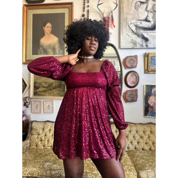 Altar’d State Red Sequin Puff Sleeve Mini Dress Size S/M - Picture 1 of 11